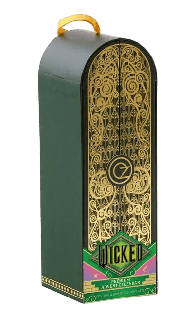Green and gold box with intricate design and 'Wicked' branding on a white background