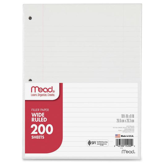 Mead Wide Ruled Filler Paper, 8 X 10.5, White, 200 Sheets/Pack (15200) - Ingram